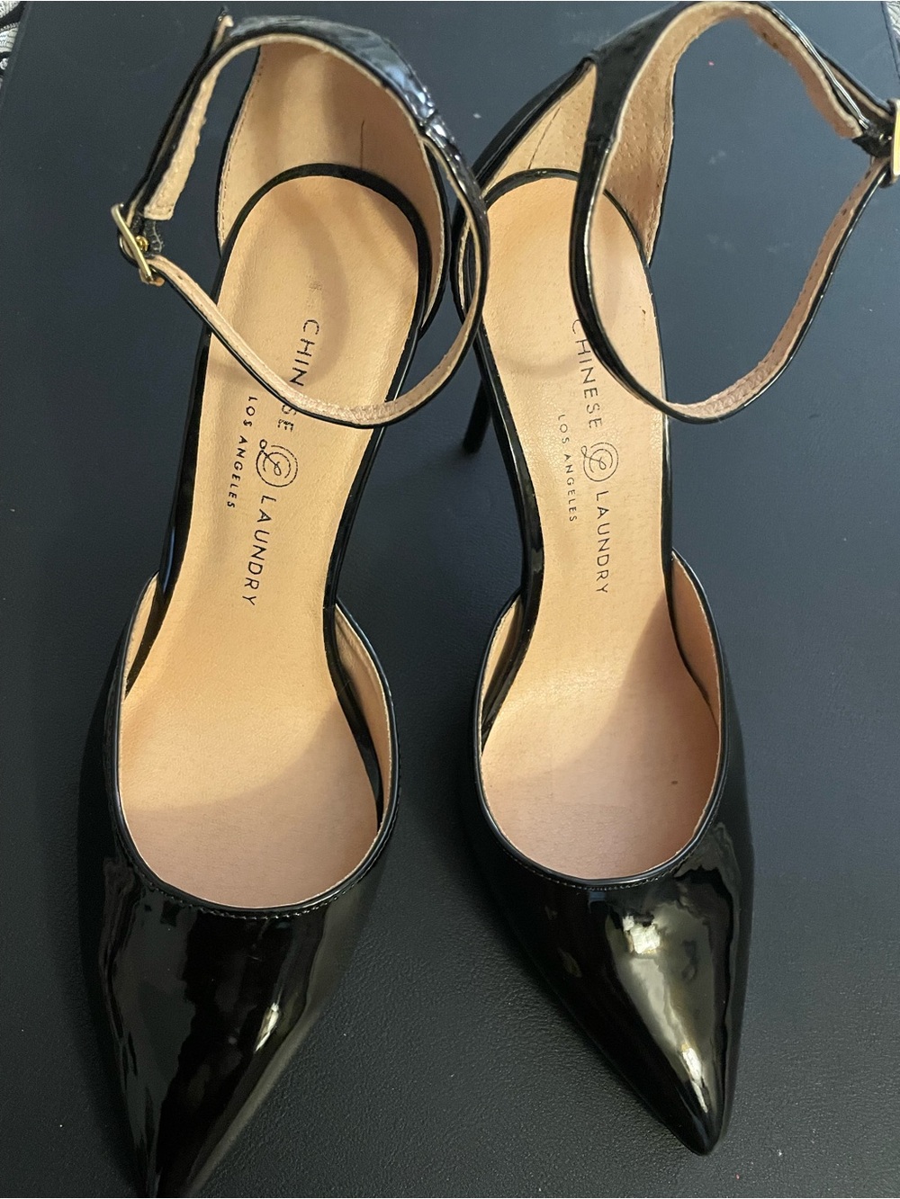 Chinese Laundry Dolly Black Patent Leather Heels With Ankle-Straps